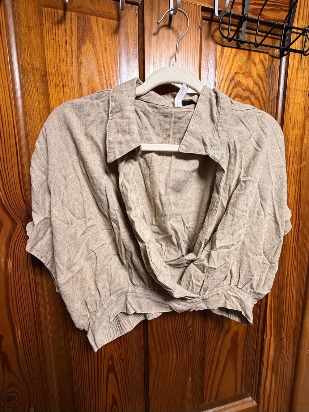 Zenana Outfitters Taupe Draped Cropped Button-Down Top